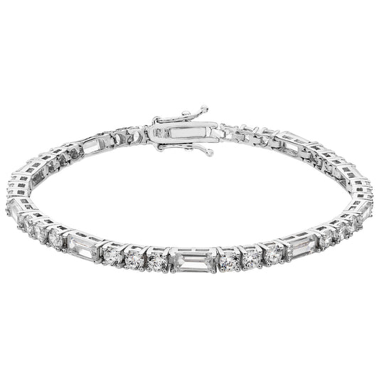 Sterling Silver Baguette & Round CZ Tennis Bracelet