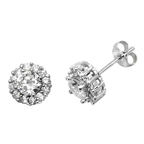 Sterling Silver Round Halo CZ Stud Earrings