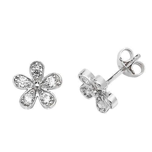Sterling Silver Flower Petal CZ Stud Earrings