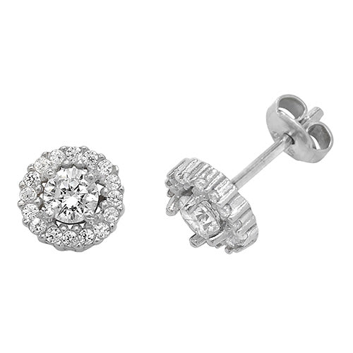 Sterling Silver Round & Halo CZ Stud Earrings
