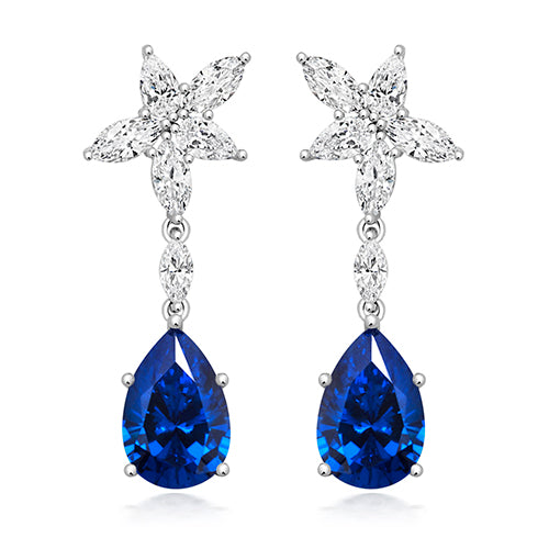 Sterling Silver Marquee and Blue Pear Drop CZ Earrings