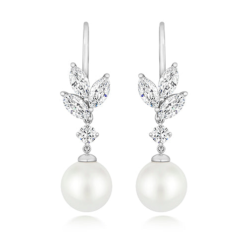 Sterling Silver CZ Pearl Hook Drop Earrings