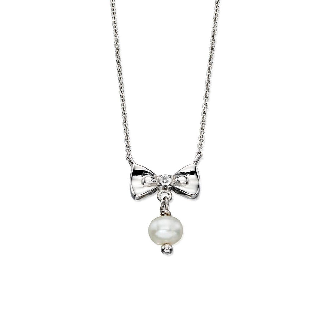 Sterling Silver Pearl & Diamond Bow Necklace