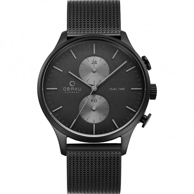 Obaku 42mm GRAN-CHARCOAL Black Chronograph Stainless Steel Mesh Strap Watch Front View