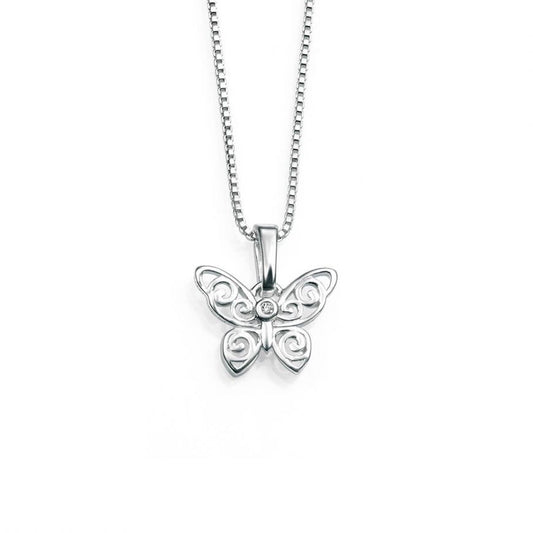 Sterling Silver Cute Children's Filigree & Diamond Butterfly Necklace