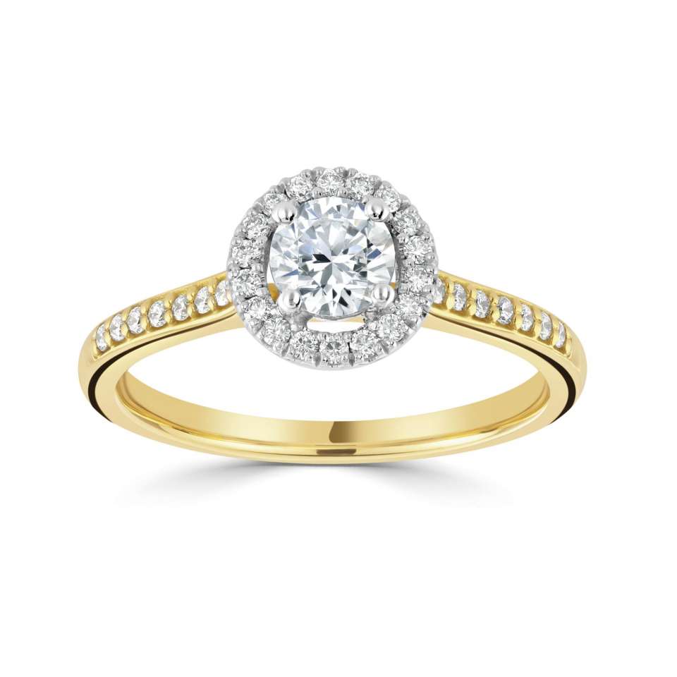 18ct Yellow Gold Round Brilliant & Halo Shoulder Set Diamond Ring, 0.65ct