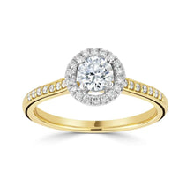 Load image into Gallery viewer, 18ct Yellow Gold Round Brilliant &amp; Halo Shoulder Set Diamond Ring 0.65ct