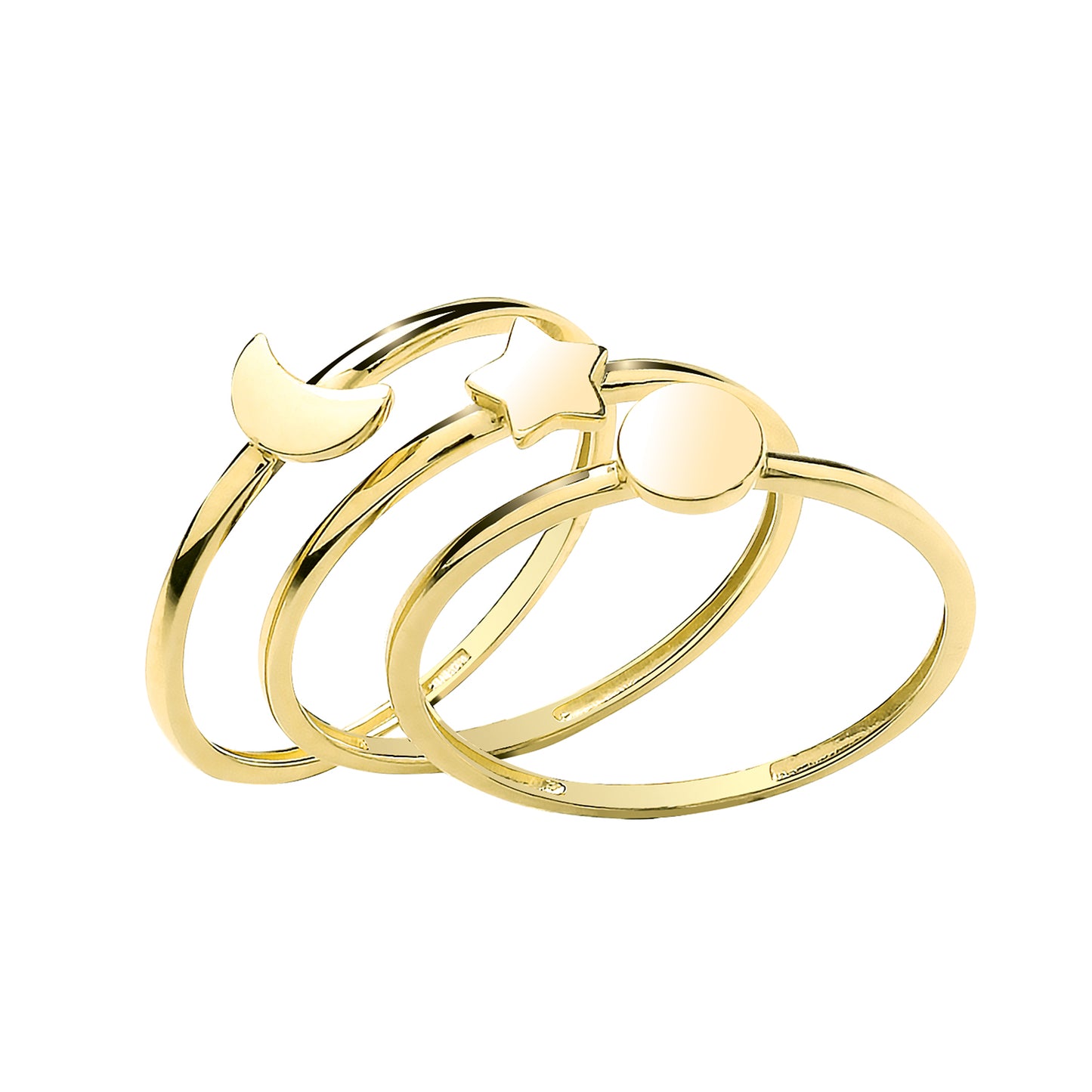 9ct Yellow Gold Star, Moon & Sun Triple Band Ring Spaced 