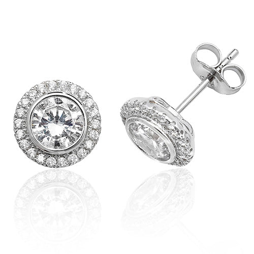 Sterling Silver Brilliant Round & Halo CZ Stud Earrings