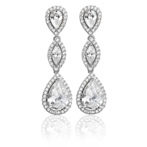Sterling Silver Pear & Marquise, Halo CZ Drop Earrings
