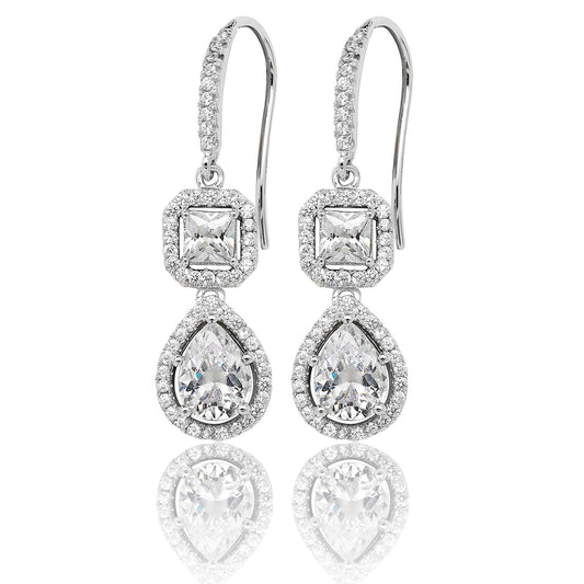 Sterling Silver Pear & Princess, Halo CZ Drop Earrings