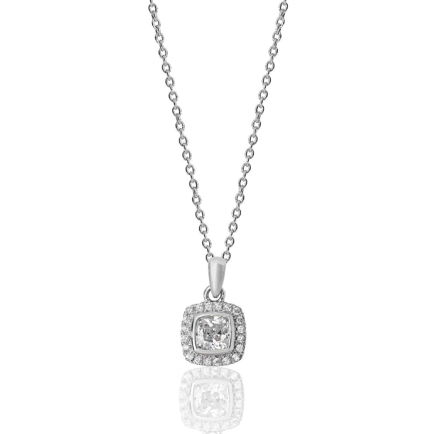 Sterling Silver Cushion & Halo CZ Necklace