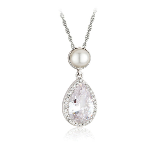 Sterling Silver Freshwater Pearl, Pear & Halo CZ Spiga Necklace Media 1 of 1