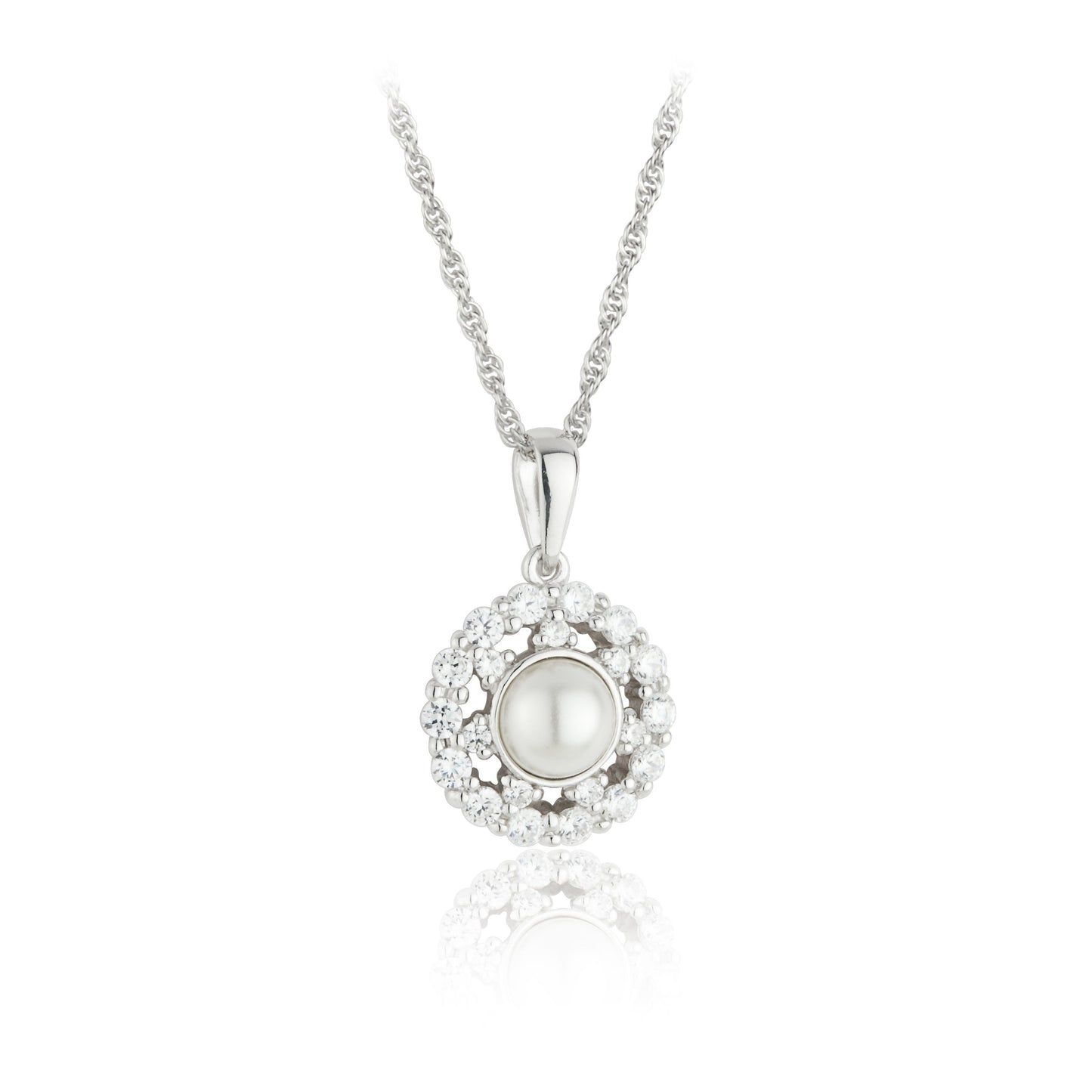 Sterling Silver CZ Clustered Halo & Pearl Drop Necklace