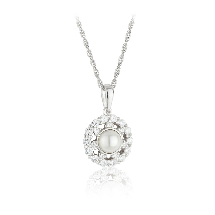 Sterling Silver CZ Clustered Halo & Pearl Drop Necklace